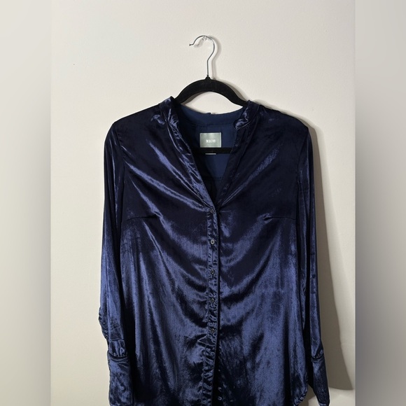 Anthropologie Maeve Blue Velvet Tie-Neck Button-down Tunic - Picture 2 of 6